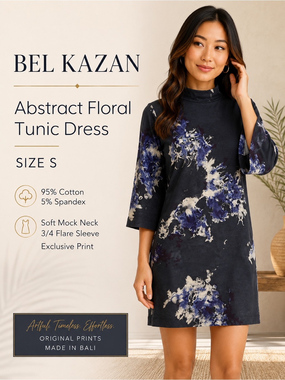 Bel Kazan Abstract Floral Mock Neck Tunic Dress Size S